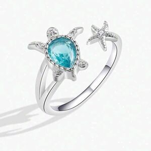 Silver Turtle and Starfish Ring with Blue Gemstone